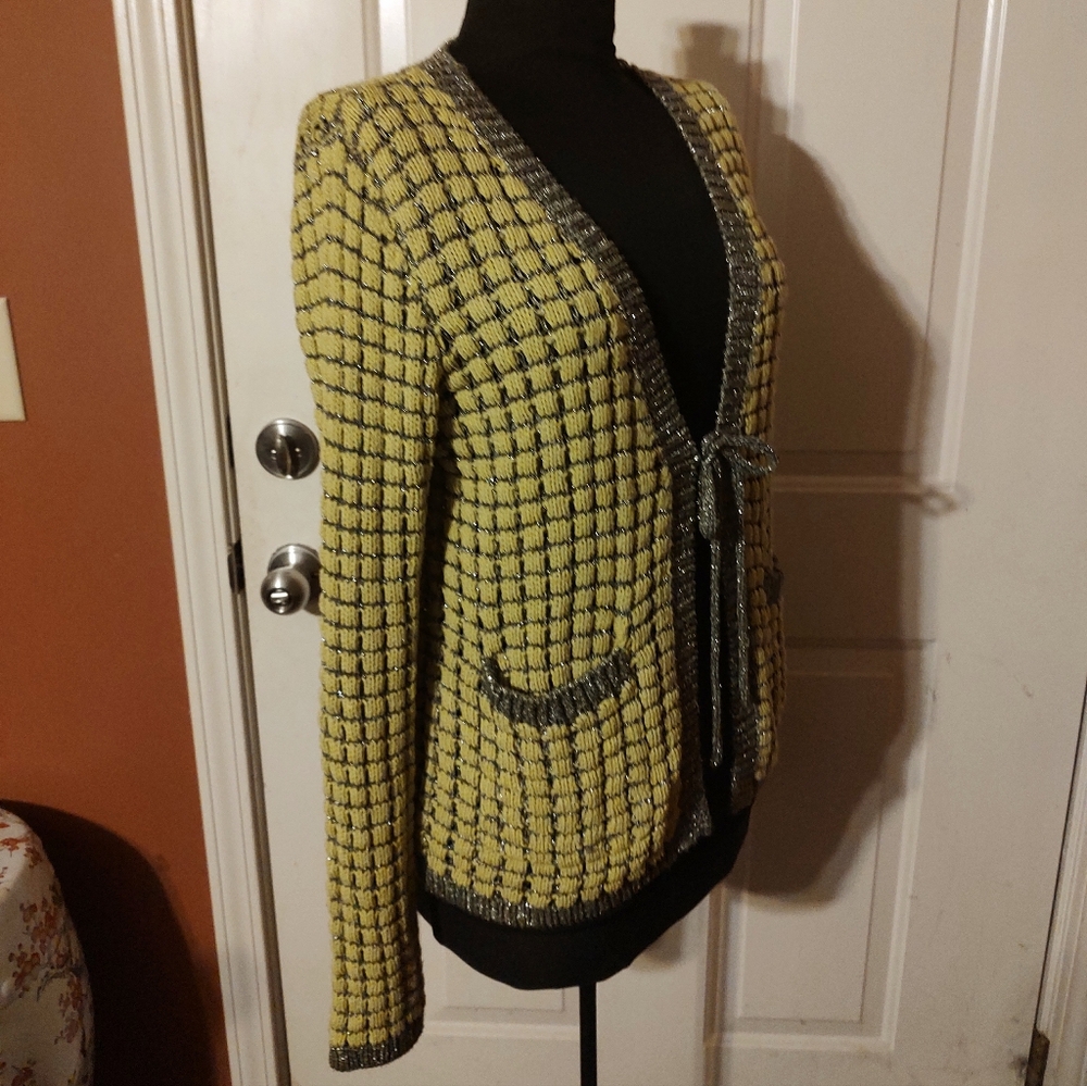 🌿🩶🌿 Gorgeous Chartreuse & Silver Metallic Open Weave Tie Cardigan - S - Picture 4 of 16